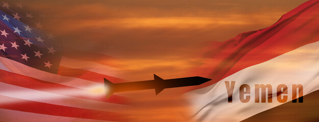 Fired missiles fly to the target in Yemen. Missiles at the sky at sunset. Rockets attack concept. 3d illustration - obrazy, fototapety, plakaty