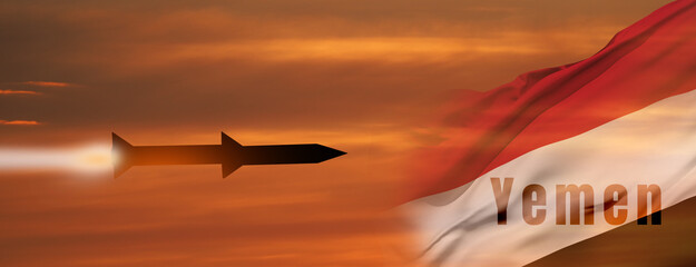 Fired missiles fly to the target in Yemen. Missiles at the sky at sunset. Rockets attack concept. 3d illustration - obrazy, fototapety, plakaty