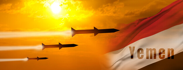 Fired missiles fly to the target in Yemen. Missiles at the sky at sunset. Rockets attack concept. 3d illustration - obrazy, fototapety, plakaty