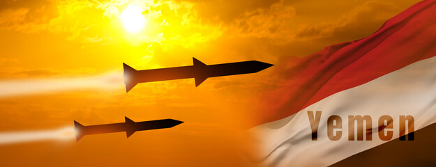 Fired missiles fly to the target in Yemen. Missiles at the sky at sunset. Rockets attack concept. 3d illustration