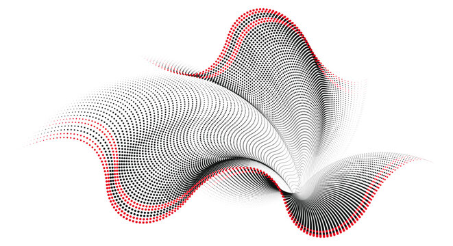 An abstract vector illustration, particle waves cascade with a subtle fringe in a halftone gradient, forming curve background, ideal for conveying themes of technology, sound, and music