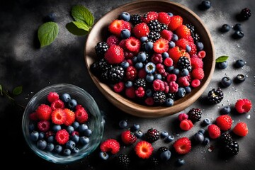 A bowl of vibrant, freshly washed berries, glistening with droplets of water on a clean kitchen counter.