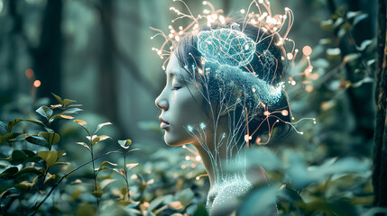 Woman Celebrating Connection to Nature. Rejuvenating Energy, Mindfulness, Meditation. Sustainability, Ecology, Climate Change. Organic Spa, Skincare, Mental Wellness. Goddess of Nature, Planet Earth