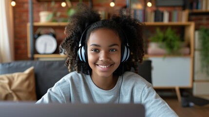 Happy mixed race pretty woman student looking at computer screen watching webinar or doing video chat via webcam.An African American girl wears headphones while video calling on a laptop. - obrazy, fototapety, plakaty