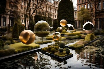 A conceptual garden with floating geometric sculptures that react to the changing weather and seasons. - obrazy, fototapety, plakaty