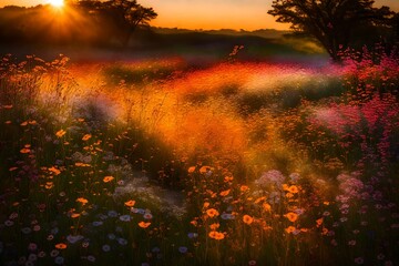 Obraz na płótnie Canvas A symphony of colors as the sun sets behind a field of wildflowers, casting a warm glow on the swaying grass.