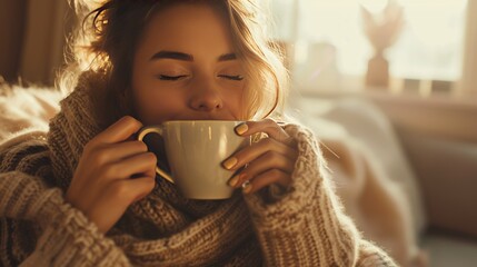 A young woman drinks hot tea in the morning on an autumn morning. A happy girl is enjoying a cup of hot coffee under a blanket with closed eyes, and she is wearing a sweater.