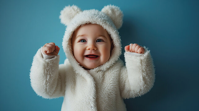 portrait of a sweet smiling baby in a cute white furry hoodie with bear ears, arms raised in joy, on a pastel blue background.