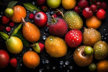 A close-up view of exotic, outlandish fruits glistening with dew drops in the early morning light.