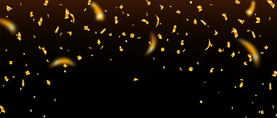 Golden confetti ribbon on black background. Anniversary, celebration. Shiny confetti png. Holiday. birthday. greeting illustration - obrazy, fototapety, plakaty
