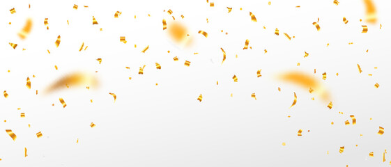 Falling shiny golden confetti isolated on transparent background. Can be used for celebration, advertisement, birthday party, Christmas, New Year, Holiday, 