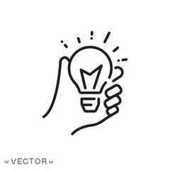 hand holding light bulb, icon, concept innovation idea, vision creative investment, thinking leadership, thin line symbol isolated on white background, editable stroke eps 10 vector illustration