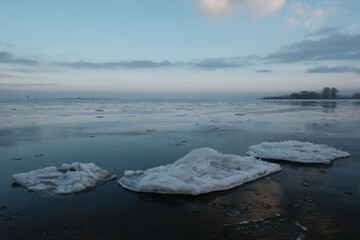 Obraz premium Shuga - ice floe in shape of discs. An interesting phenomenon on Vistula river. The estuary of Vistula, Sobieszewska Island, Poland