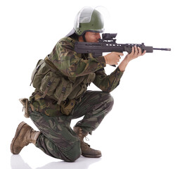 Military, shooting and sniper with man and gun in studio for war, conflict and warrior. Army, surveillance and security with person and rifle on white background for soldier, battlefield or veteran
