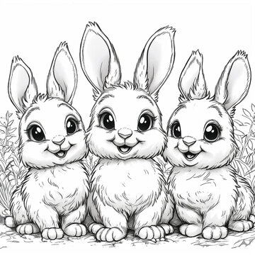Three funny and smiling rabbits are sitting on the ground as colouring page for children and adults. White background. A4 format. Selective focus. Development of fine motor skills
