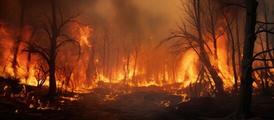 Forest engulfed in flames due to wildfire, a catastrophic event.