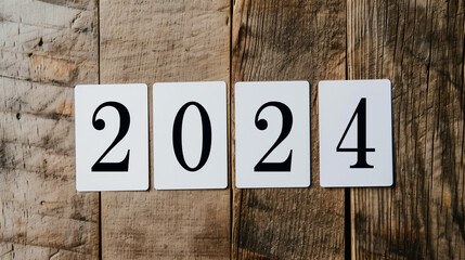 2024年のボードと木のテーブル - obrazy, fototapety, plakaty