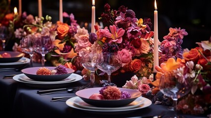 Gorgeous table settings with green fresh flowers Ai generated art