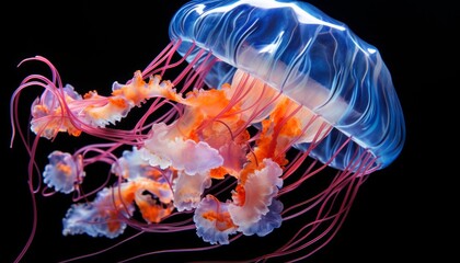 Stunning orange bell jellyfish serenely gliding through the crystal clear waters of the ocean
