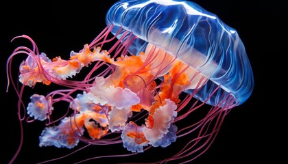 Obraz premium Stunning orange bell jellyfish serenely gliding through the crystal clear waters of the ocean