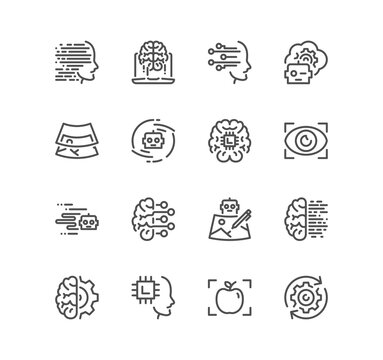 Set of artificial intelligence related icons, machine learning, smart robotic, thinking machine, humanoid robot, face recognition, ai technology possibilities and linear variety symbols.	
