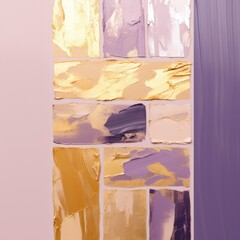 Artistic composition of geometric tiles in purple and gold, creating a mosaic of abstract art with a touch of luxury.