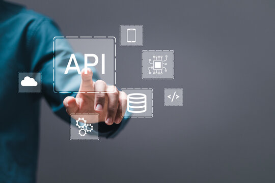API Application Programming Interface concept, Man touch with virtual screen API icon Software development tool.
