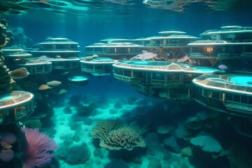 A modular, interconnected community of underwater homes, resembling a futuristic coral colony...