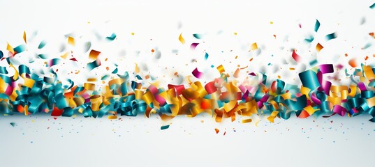Vibrant confetti scattered on pure white background with blank copy space for text placement