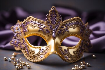 Vibrant carnival mask on bright solid color background with copy space for text placement