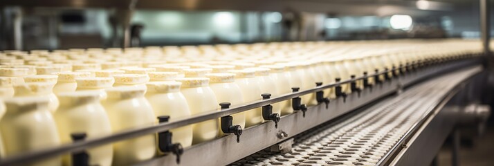 Automated process of filling milk or yogurt into plastic bottles at a state of the art dairy plant - obrazy, fototapety, plakaty