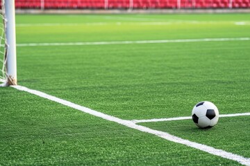 Fototapeta premium A worn soccer ball sits on the lush green turf of a soccer field, with an empty goal net looming in the soft light of the evening.