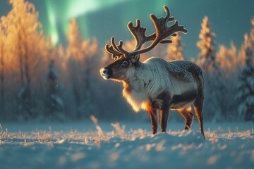 Majestic Reindeer Under the Northern Lights in a Snowy Arctic Landscape at Twilight
