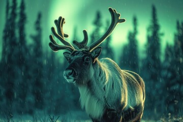 Majestic Reindeer Under the Northern Lights in a Snowy Arctic Landscape at Twilight