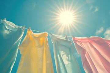 A pastel array of clothes drying on a clothesline, gently swaying in the breeze under the warm glow of a setting sun.