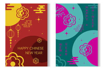 WebSet of 2 pictures for Happy Chinese New Year with golden and pink asian elements on red  and green background, vector illustration