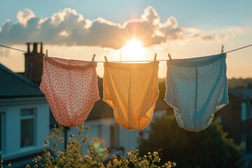 Vintage pastel-colored women's knickers hang on a rack against a clear blue sky, basking in the warm sunshine. - obrazy, fototapety, plakaty