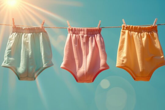 Vintage pastel-colored women's knickers hang on a rack against a clear blue sky, basking in the warm sunshine.