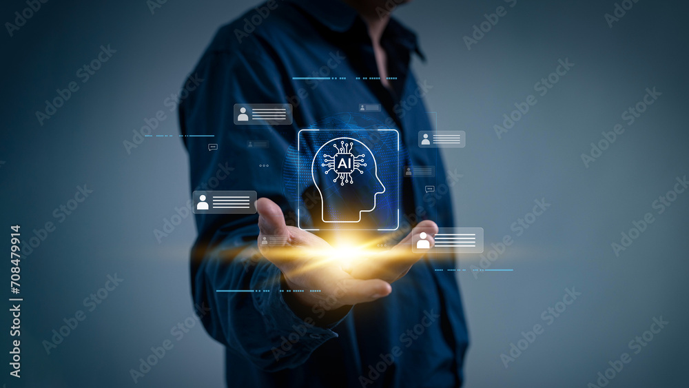 Fototapete A businessman uses online customer feedback to rate service experience data exchange and analysis with a chat bot. A customer support centre using artificial intelligence