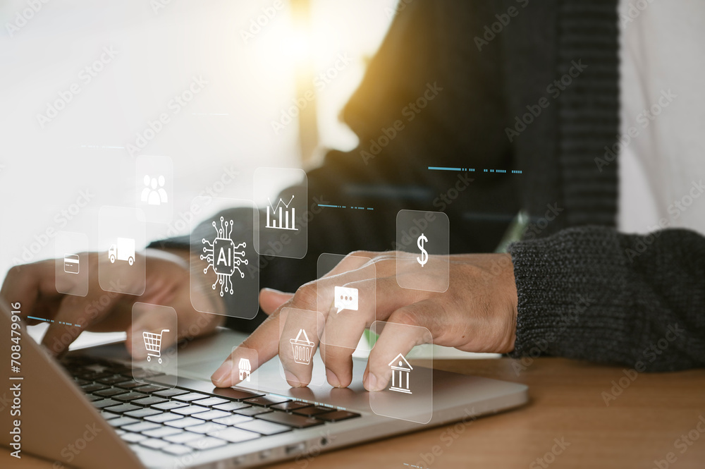 Fototapete a businessman uses online customer data exchange and analysis with a chat bot. artificial intelligen