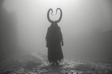 A person donning an ominous horned krampus mask meanders through a mist-enveloped park under the soft glow of overhead string lights, creating an eerie nocturnal scene.