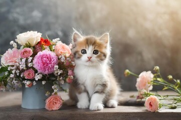 portrait de chaton assis à coté d'un bouquet de fleurs