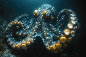 An octopus floats elegantly in the blue ocean waters, basking in the beams of sunlight filtering down from above.