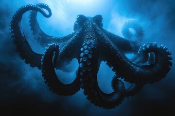 An octopus floats elegantly in the blue ocean waters, basking in the beams of sunlight filtering down from above.