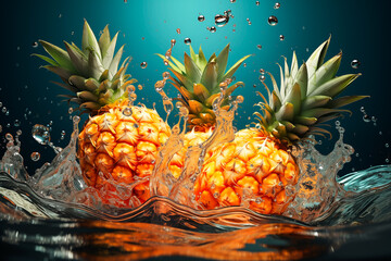Pineapple dunked dramatically splash water - obrazy, fototapety, plakaty