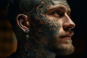 Man closeup portrait with facial tattoos and ear piercings. Artistry masculine tattoo body work. Generate ai