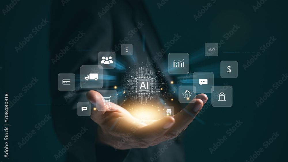 Leinwandbilder a businessman uses online customer data exchange and analysis with a chat bot. Artificial intelligence and CRM software technology, a customer service centre