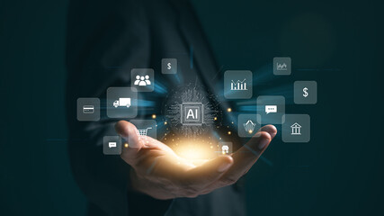 a businessman uses online customer data exchange and analysis with a chat bot. Artificial intelligence and CRM software technology, a customer service centre