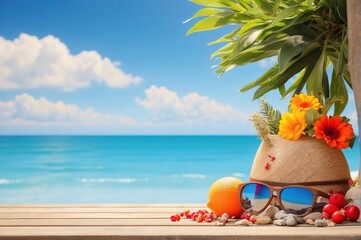 Wooden tabletop with summer decoration, on sunny day beach background