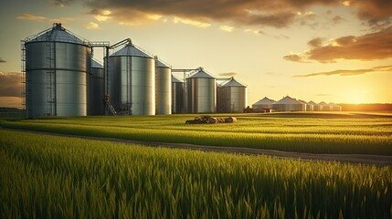 Agricultural silos for storing and drying grain, wheat, corn on the background of a rice field and blue at sunset. - obrazy, fototapety, plakaty